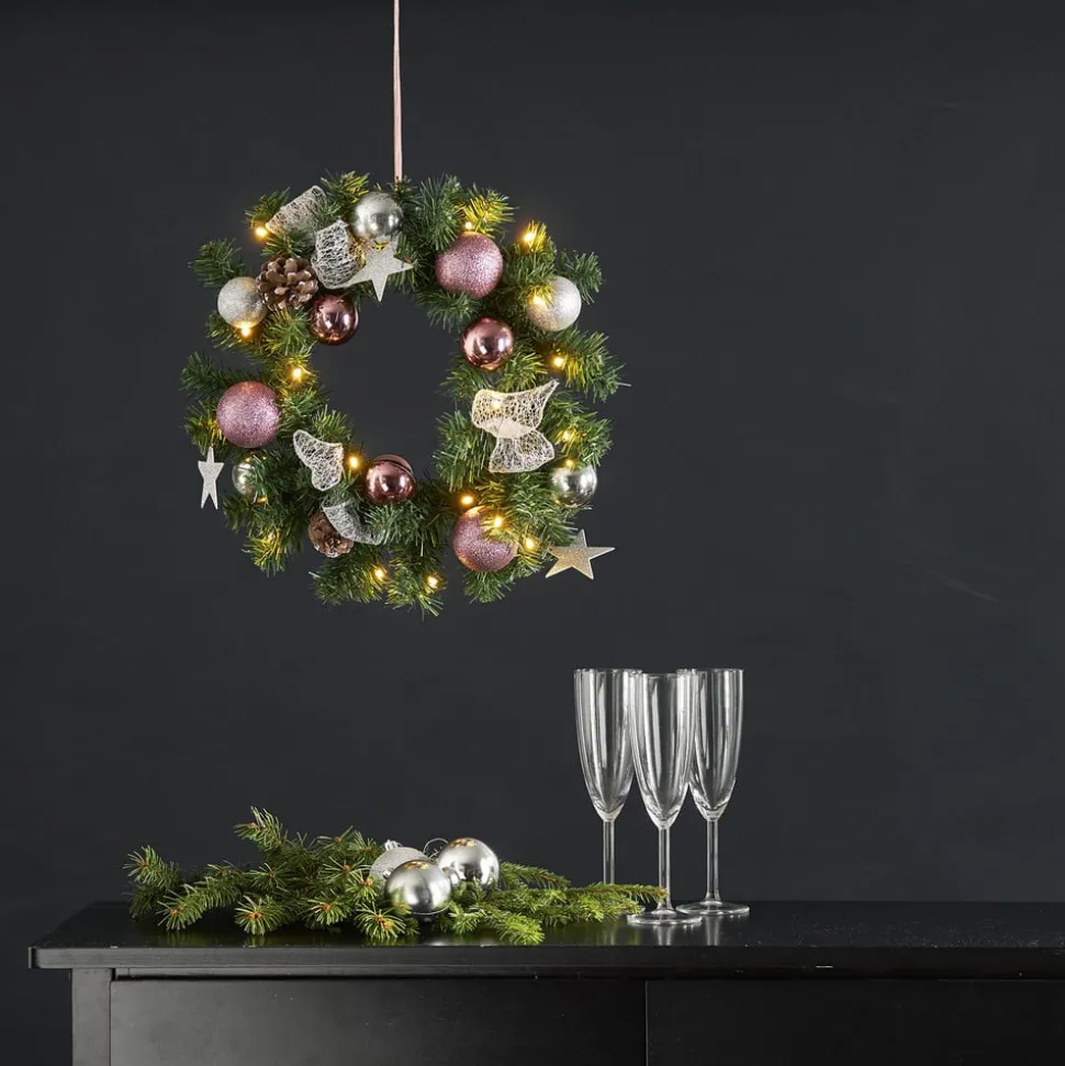 LED-sparrenkrans Noel + zilver-/roze decoratie