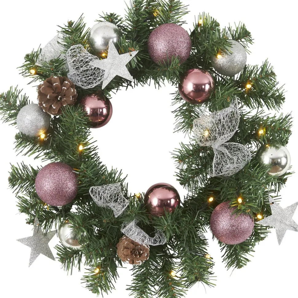 LED-sparrenkrans Noel + zilver-/roze decoratie