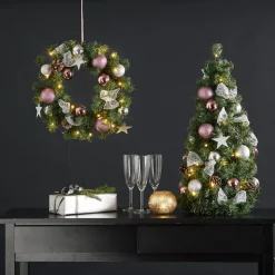 LED-sparrenkrans Noel + zilver-/roze decoratie