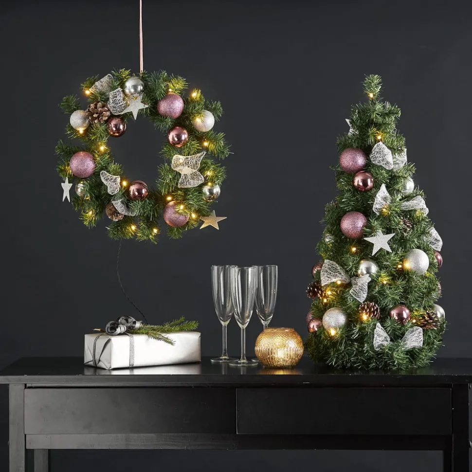 LED-sparrenkrans Noel + zilver-/roze decoratie