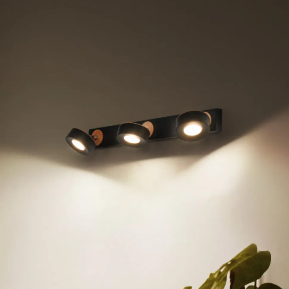 LEDVANCE LED plafondspot Pluto, staal, hout, 3-lamps, zwart