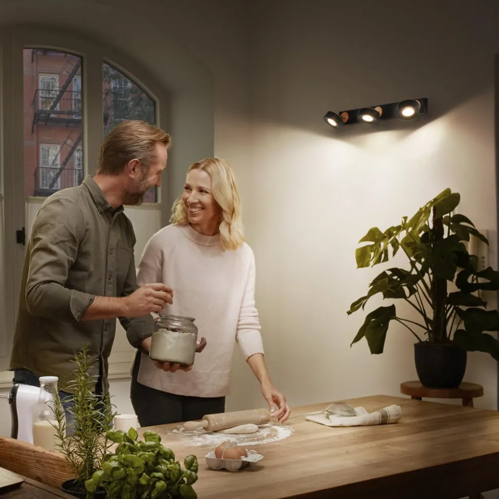 LEDVANCE LED plafondspot Pluto, staal, hout, 3-lamps, zwart