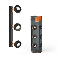 LEDVANCE LED plafondspot Pluto, staal, hout, 3-lamps, zwart