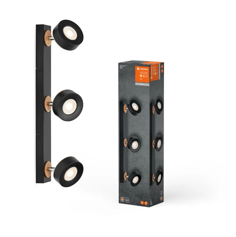 LEDVANCE LED plafondspot Pluto, staal, hout, 3-lamps, zwart
