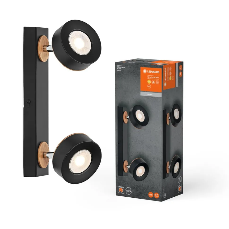 LEDVANCE LED plafondspot Pluto, staal, hout, 2-lamps, zwart