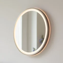 LED-wandspiegel VIDRO, brons, Ø 46 cm, powerbank, schakelaar