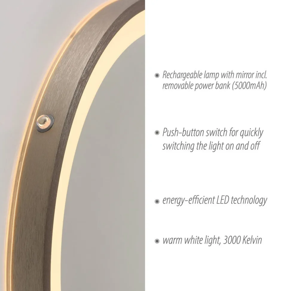 LED-wandspiegel VIDRO, brons, Ø 46 cm, powerbank, schakelaar