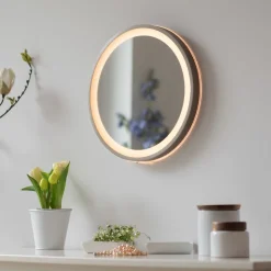 LED-wandspiegel VIDRO, brons, Ø 36 cm, powerbank, schakelaar