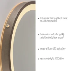 LED-wandspiegel VIDRO, brons, Ø 36 cm, powerbank, schakelaar