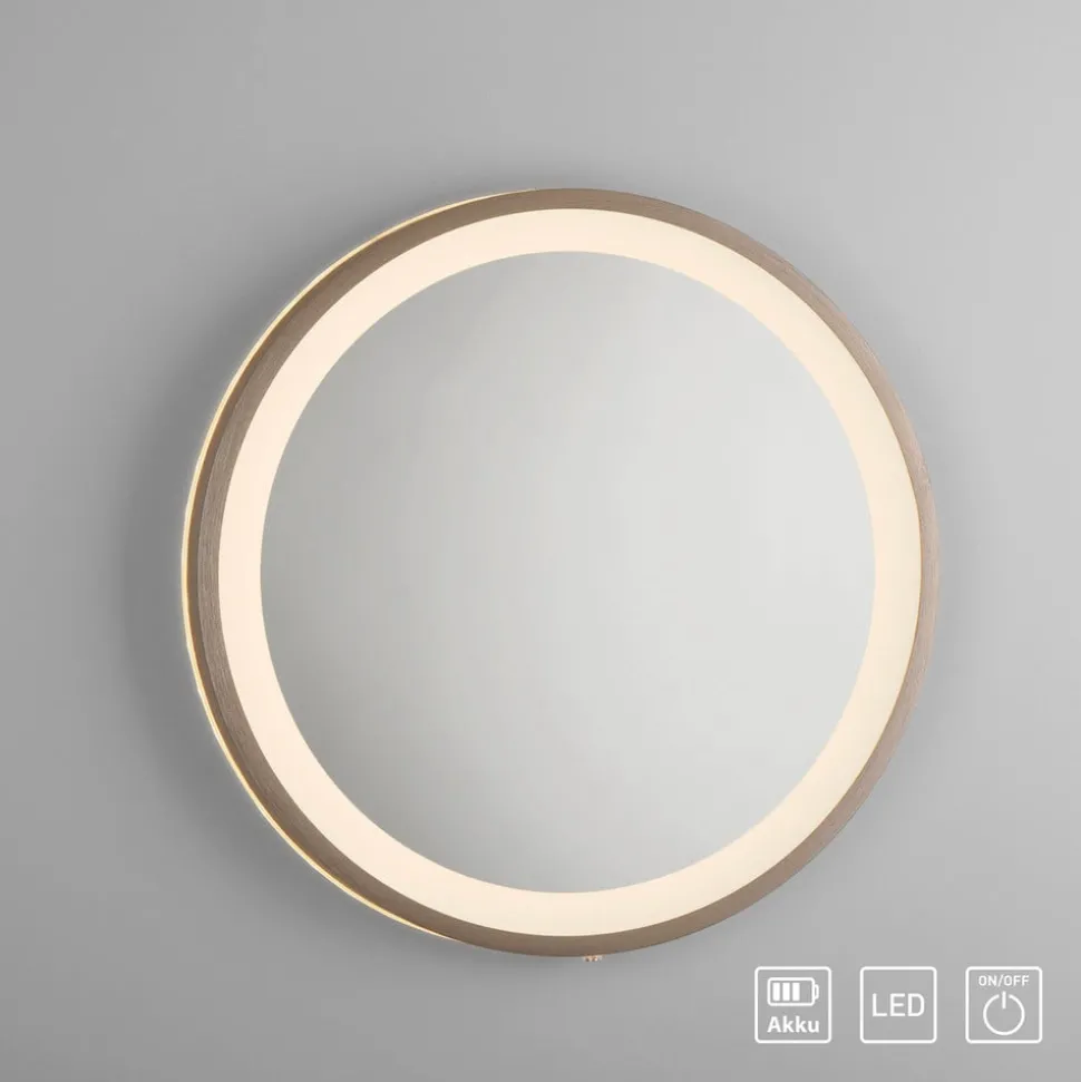 LED-wandspiegel VIDRO, brons, Ø 36 cm, powerbank, schakelaar