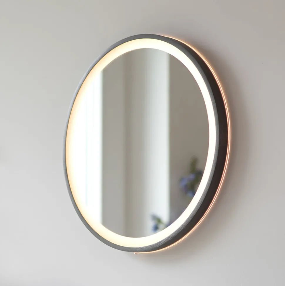 LED-wandspiegel VIDRO, grijs, Ø 46 cm, powerbank, schakelaar