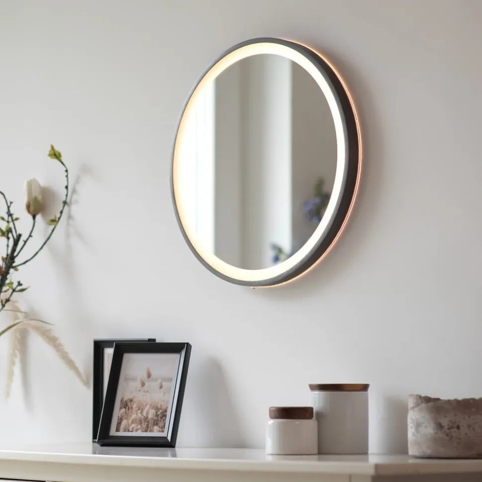 LED-wandspiegel VIDRO, grijs, Ø 46 cm, powerbank, schakelaar