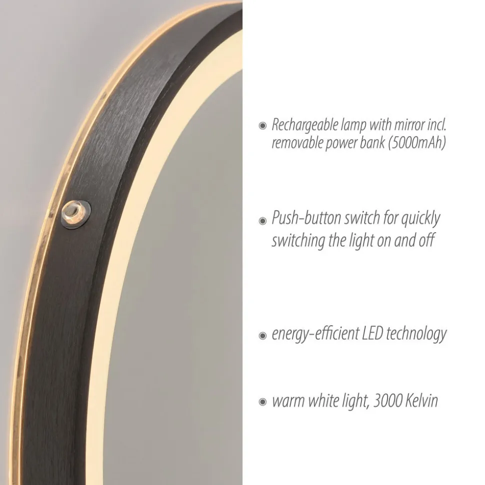 LED-wandspiegel VIDRO, grijs, Ø 46 cm, powerbank, schakelaar