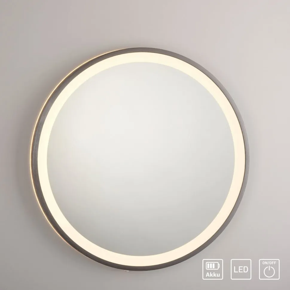 LED-wandspiegel VIDRO, grijs, Ø 46 cm, powerbank, schakelaar