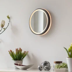 LED-wandspiegel VIDRO, grijs, Ø 26 cm, powerbank, schakelaar