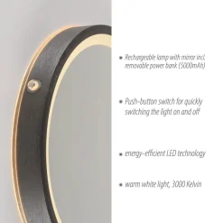 LED-wandspiegel VIDRO, grijs, Ø 26 cm, powerbank, schakelaar