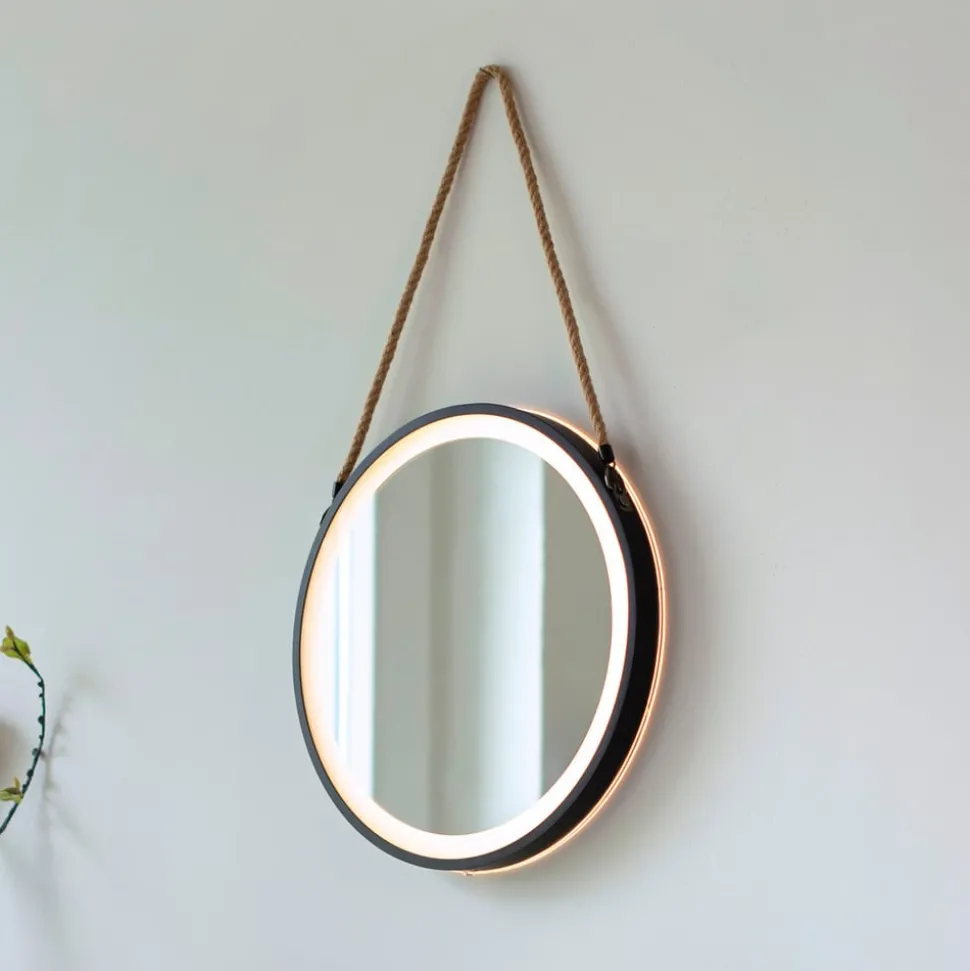 LED-wandspiegel VIDRO, zwart, Ø 40 cm, powerbank, hangend