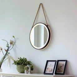 LED-wandspiegel VIDRO, zwart, Ø 40 cm, powerbank, hangend