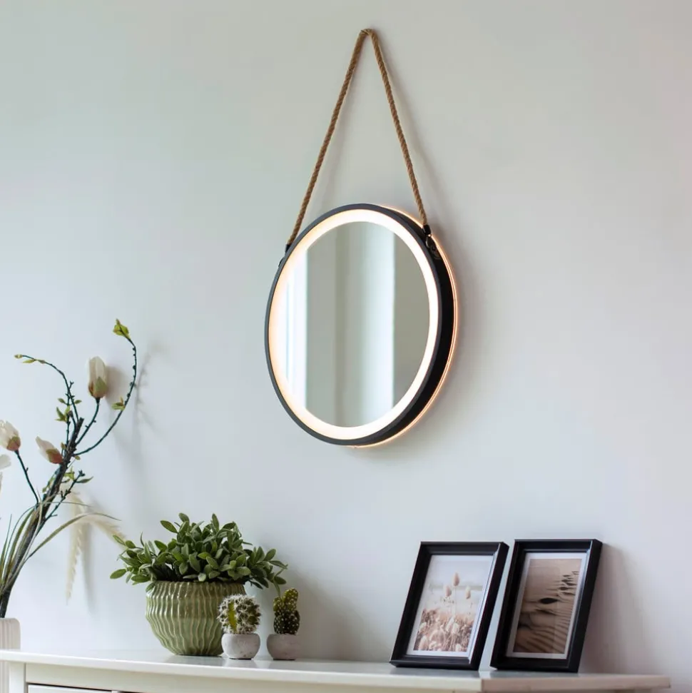 LED-wandspiegel VIDRO, zwart, Ø 40 cm, powerbank, hangend