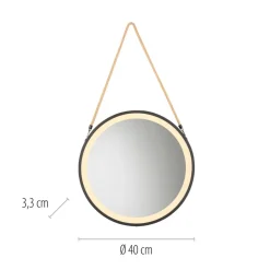LED-wandspiegel VIDRO, zwart, Ø 40 cm, powerbank, hangend