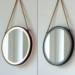 LED-wandspiegel VIDRO, zwart, Ø 40 cm, powerbank, hangend