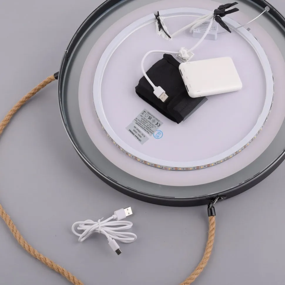 LED-wandspiegel VIDRO, zwart, Ø 40 cm, powerbank, hangend