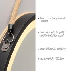 LED-wandspiegel VIDRO, zwart, Ø 40 cm, powerbank, hangend