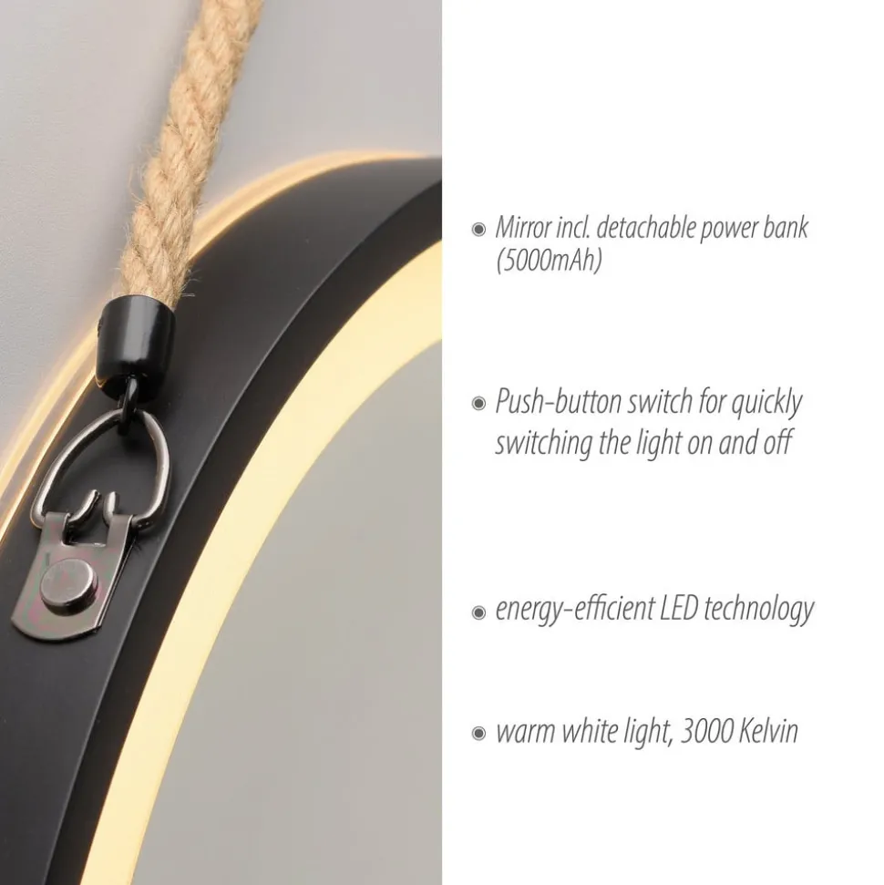 LED-wandspiegel VIDRO, zwart, Ø 40 cm, powerbank, hangend
