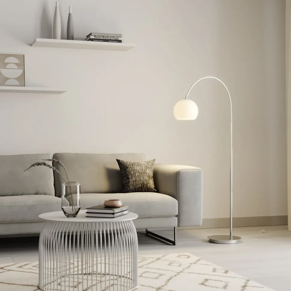 Lindby booglamp Cynthia, nikkelkleurig, glas, 140 cm, E27