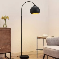 Lindby booglamp Minali, zwart, metaal, 148 cm hoog, E27