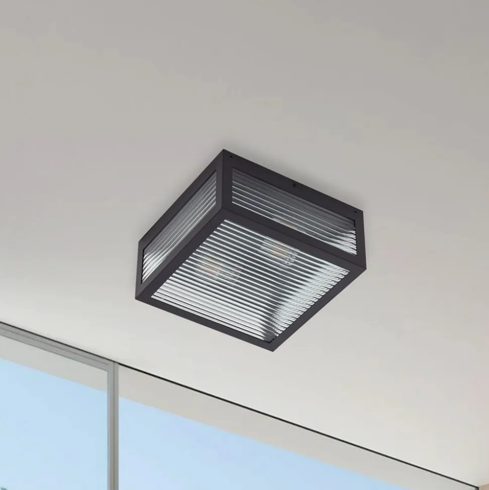 Lindby buiten plafondlamp Bolgar, zwart, metaal, glas