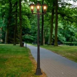 Lindby buitenlamp Lamina, 172cm, 3-lamps, zwart-roest, E27