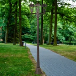 Lindby buitenlamp Lamina, 172cm, 3-lamps, zwart-roest, E27