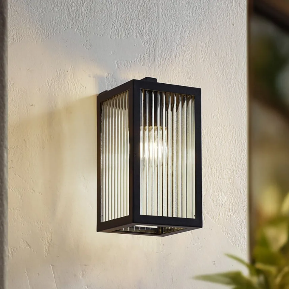 Lindby buitenwandlamp Bolgar, zwart, metaal, glas, 15cm