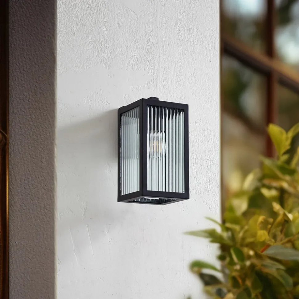 Lindby buitenwandlamp Bolgar, zwart, metaal, glas, 15cm