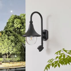 Lindby buitenwandlamp Daphne, zwart, sensor, metaal, E27