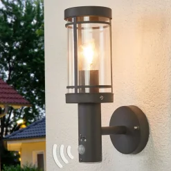 Lindby buitenwandlamp Djori, sensor, antraciet, roestvrij staal