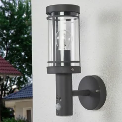 Lindby buitenwandlamp Djori, sensor, antraciet, roestvrij staal