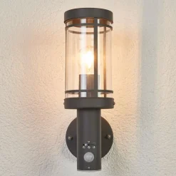 Lindby buitenwandlamp Djori, sensor, antraciet, roestvrij staal