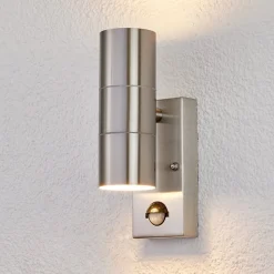 Lindby buitenwandlamp Eyrin, hoogte 22 cm, roestvrij staal, sensor