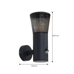 Lindby buitenwandlamp Heulo, Ø 10,5 cm, rookgrijs, sensor