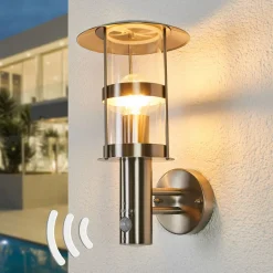 Lindby buitenwandlamp Noemi, sensor, grijs, roestvrij staal, 34cm