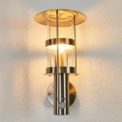 Lindby buitenwandlamp Noemi, sensor, grijs, roestvrij staal, 34cm