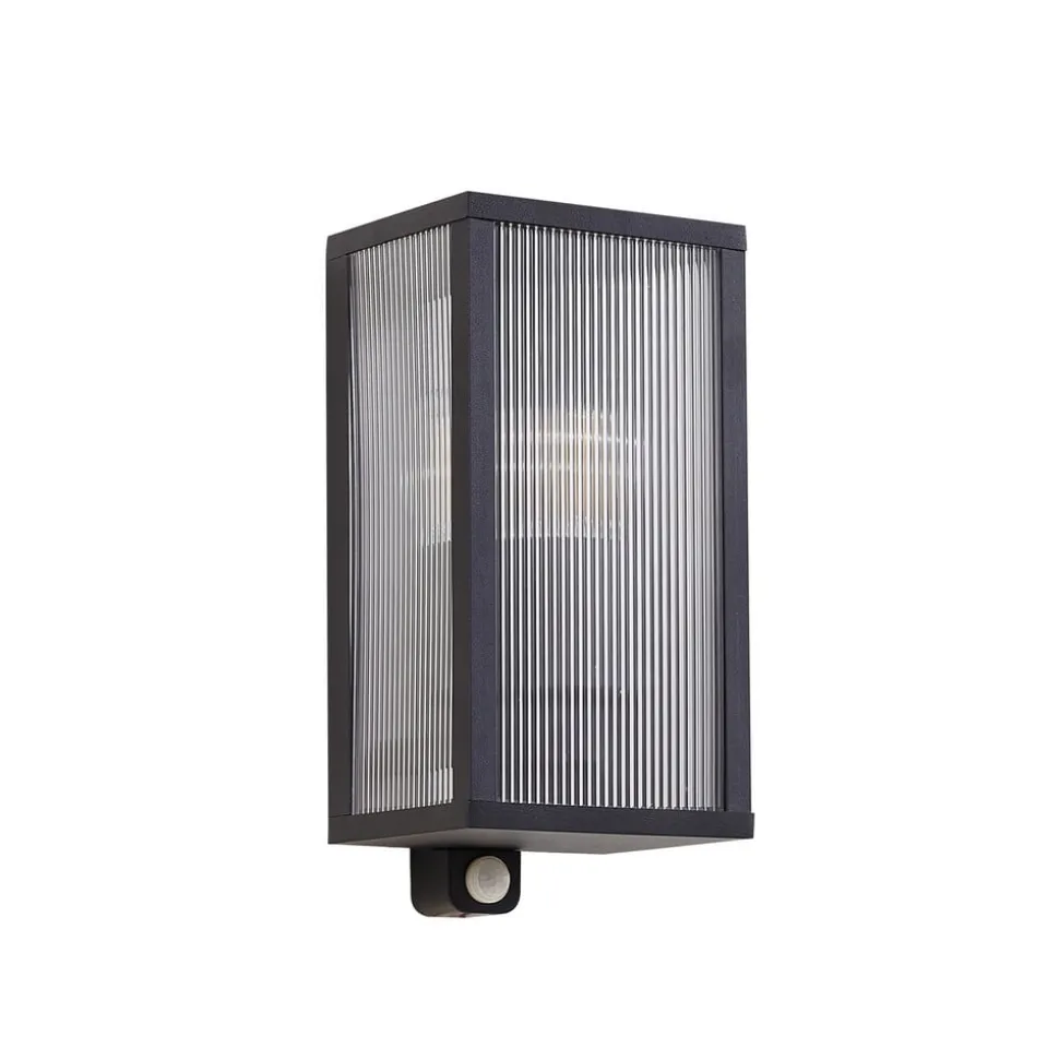 Lindby buitenwandlamp Peldar, sensor, geribbeld, IP44, E27