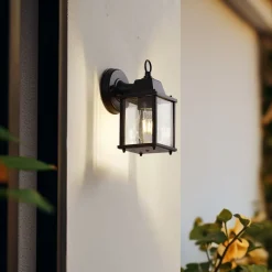 Lindby buitenwandlamp Rurik, zwart, glas, aluminium, E27