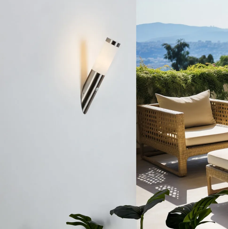 Lindby buitenwandlamp Statius, grijs, roestvrij staal, sensor