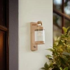 Lindby buitenwandlamp Yrene, 20 cm, beige, sensor, ribbel