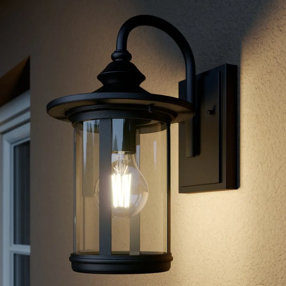 Lindby buitenwandlamp Zayn, zwart, glas, hoogte 33cm, IP23