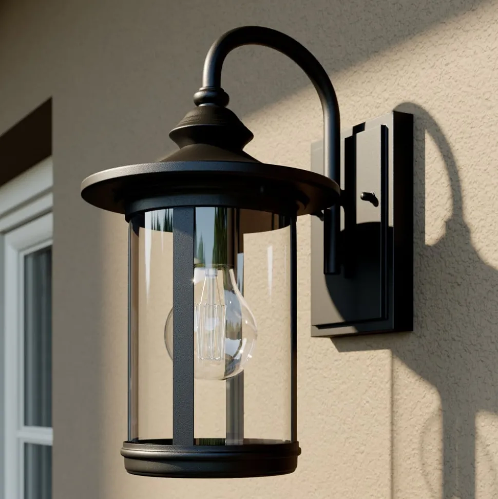 Lindby buitenwandlamp Zayn, zwart, glas, hoogte 33cm, IP23