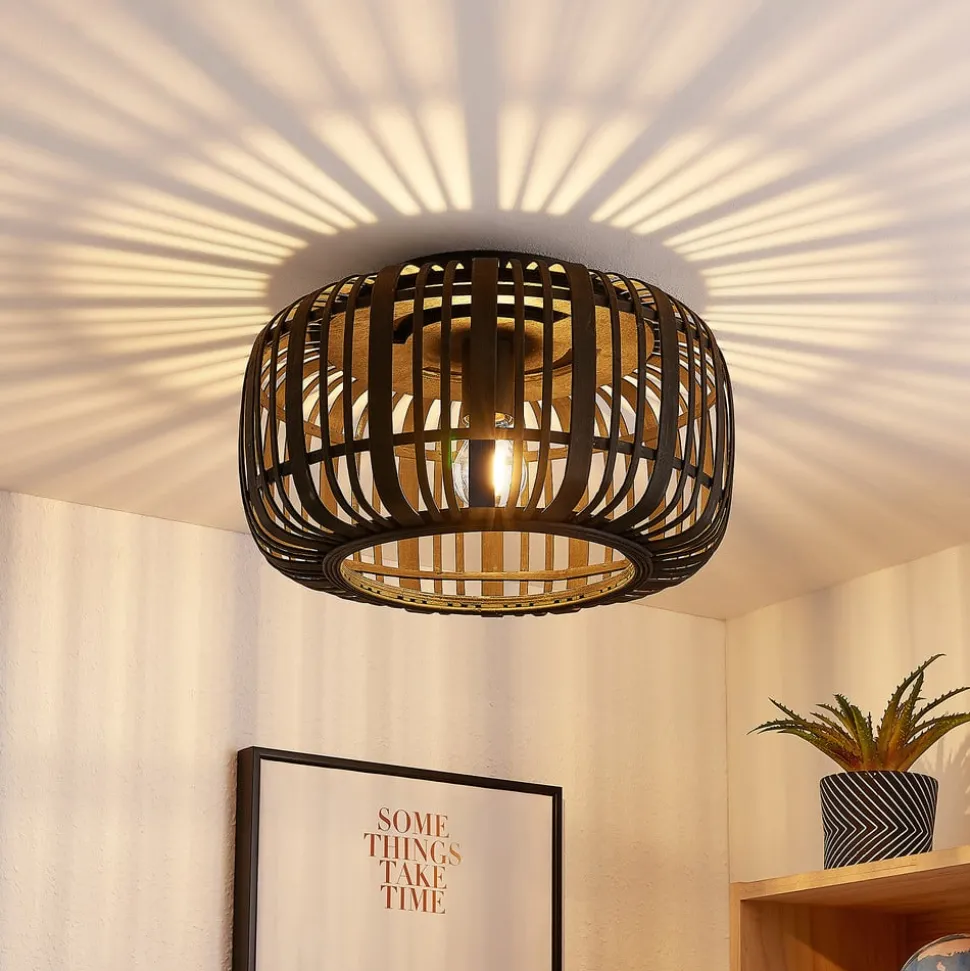 Lindby Canyana plafondlamp, zwart, rotan, Ø 40 cm